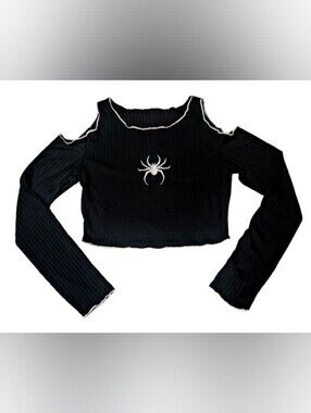 Shein Black Spider Cropped Shoulder Cut-Out Shirt Size S/XS